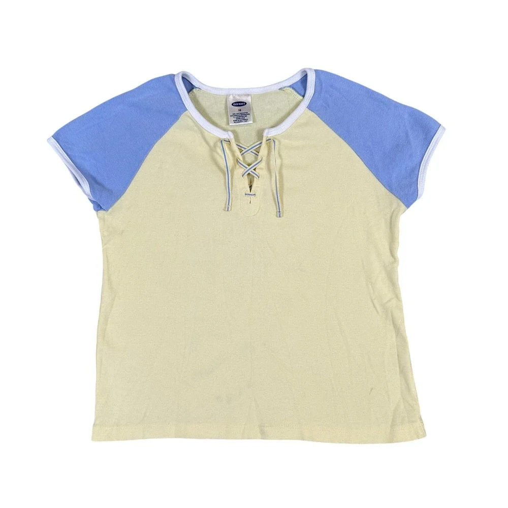 Old Navy Girls Yellow Blue Raglan Lace Up Ringer Tee Shirt Size 10 Cotton